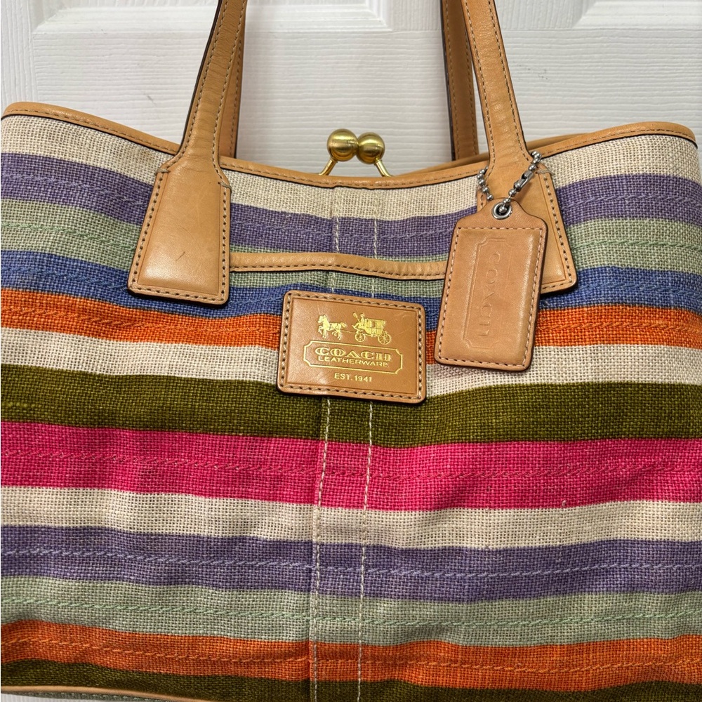 Coach M0871-13487 Hamptons 10th Anniv Limited Ed Heritage Stripe Kiss Lock EUC - Picture 2 of 14